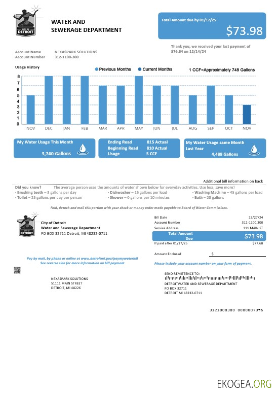 Modèle de facture de services publics de l'eau de la ville de Detroit, Ohio, États Unis, aux formats Word et PDF
